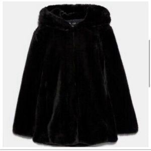 Zara Faux Fur Coat Hooded Hoodie Button Up Bomber Oversized luxury Black